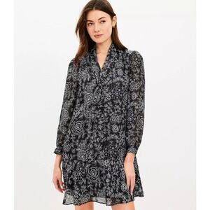 LOFT Etched Floral Bow Flounce Dress Women's Black White Long Sleeve XS NWT‎